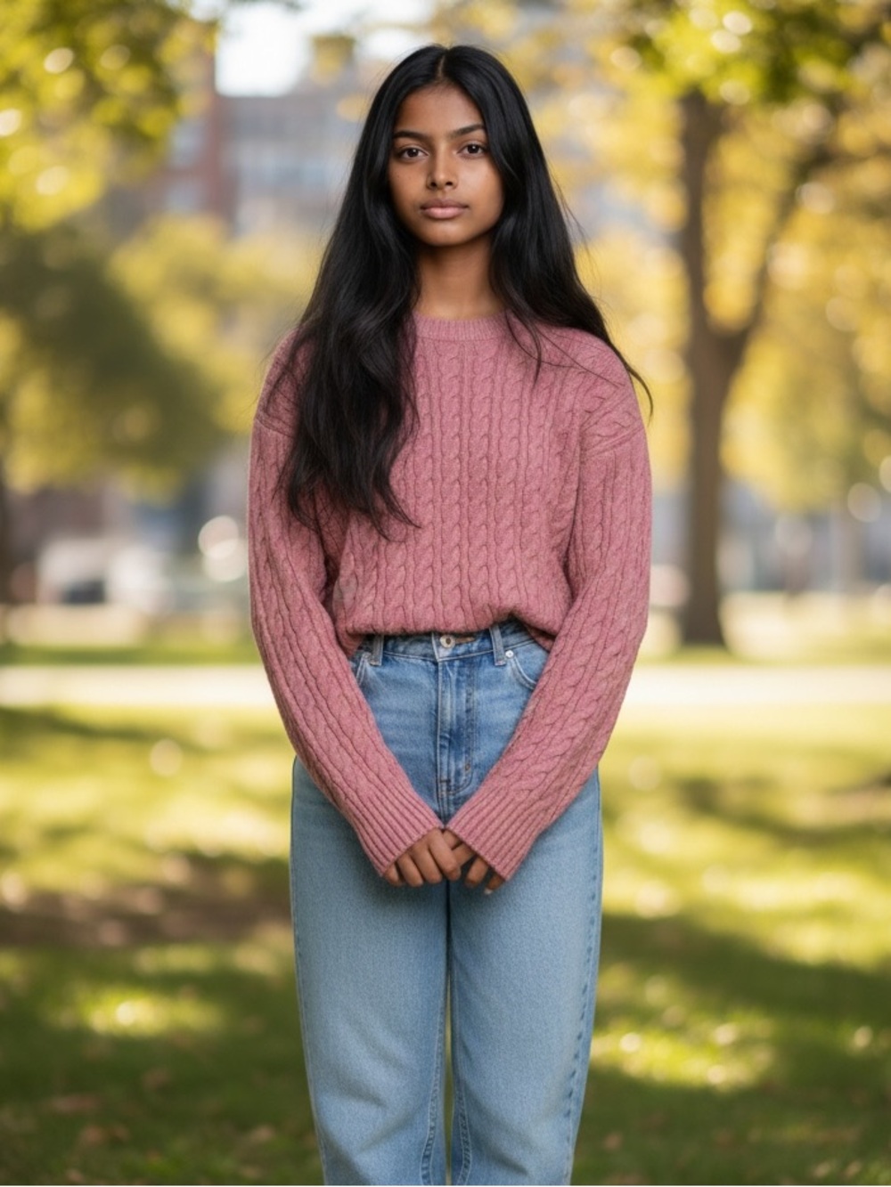 LOFT Cable-Knit Crewneck Sweater in Dusty Rose